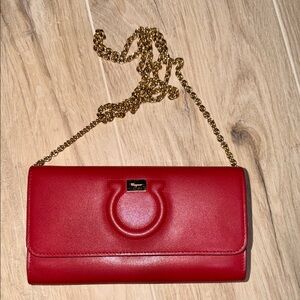 Salvatore Ferragamo Red Clutch with Gold Chain